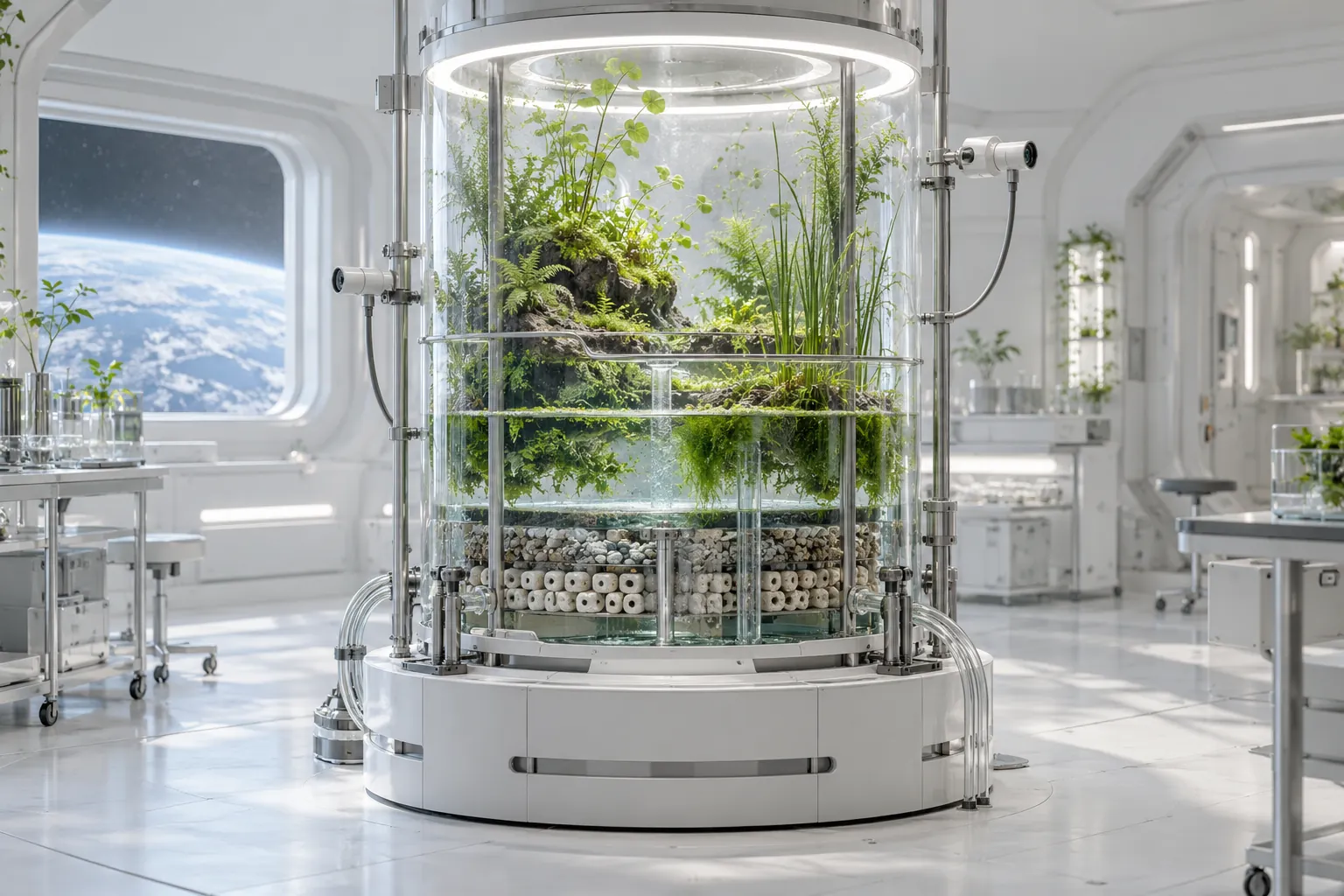 An ecological chamber concept in a bright laboratory: illuminated growth above, retained water and circulation media below; optical probes remain outside.